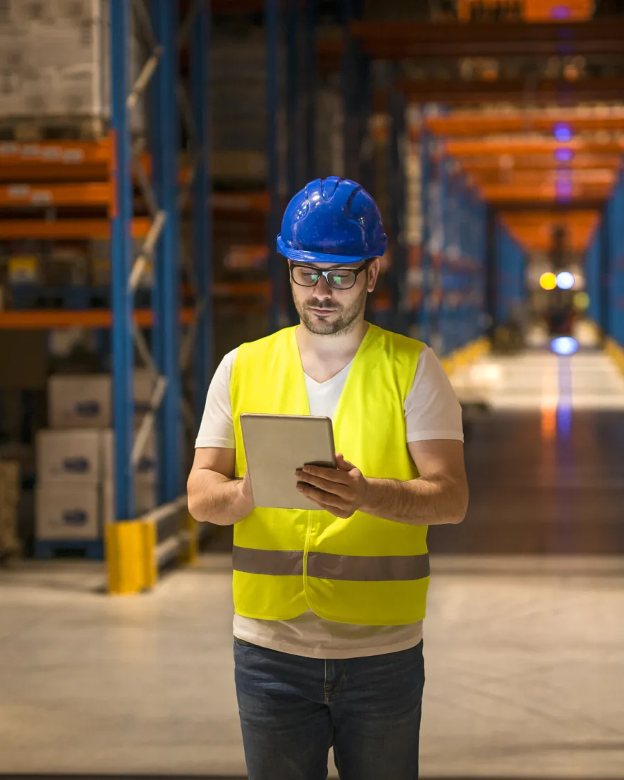 Lavoratore che consulta un dispositivo digitale in magazzino